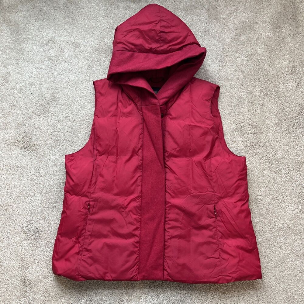 Eileen Fisher Vest Womens Large Red Hood Zip Puffer Down Jacket Outdoor Gorpcore